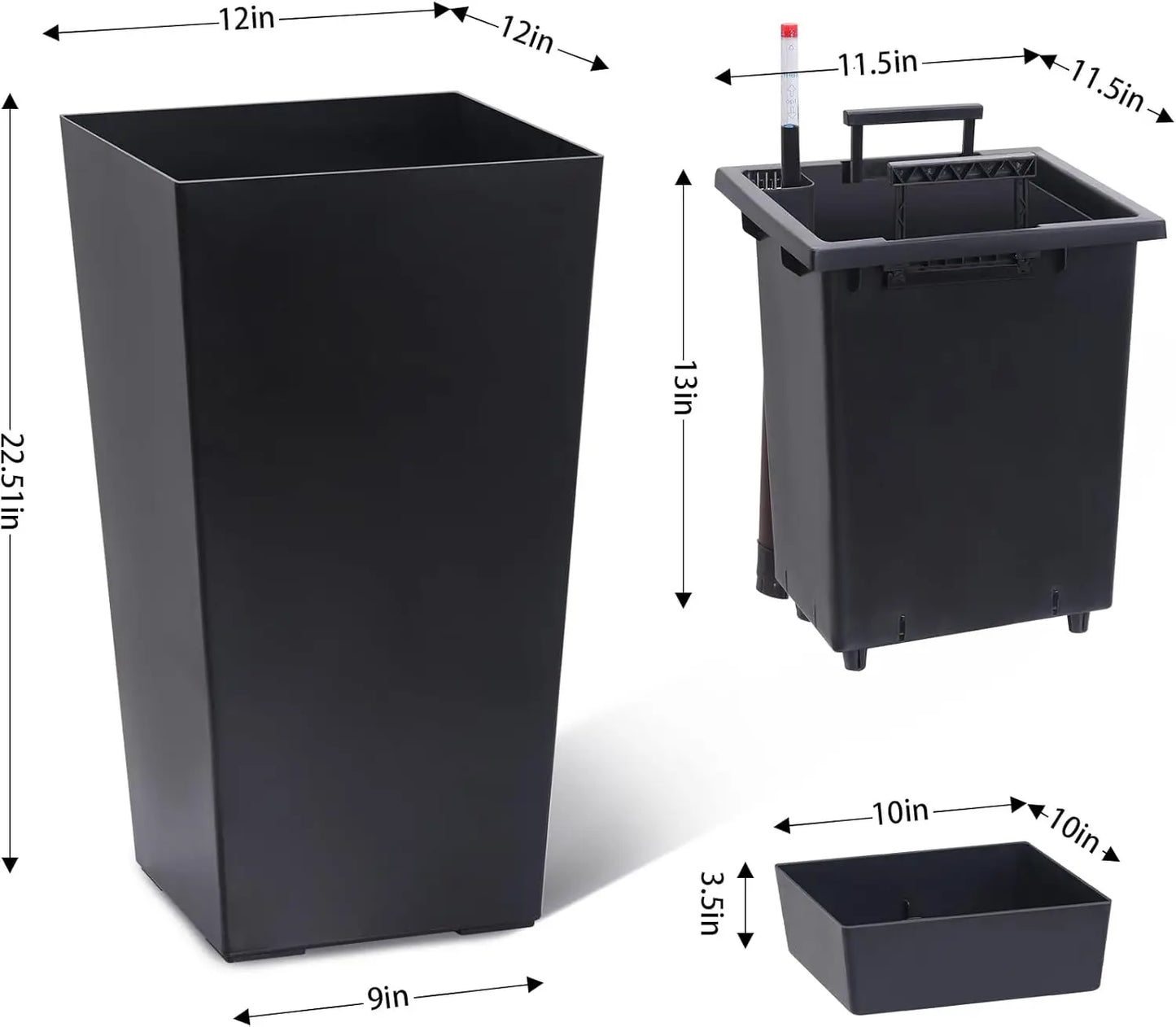 HobbyLane Tall Planter 22.4 Inch Two Pack Indoor Outdoor Black With Shelf Insert For Home Gardeners