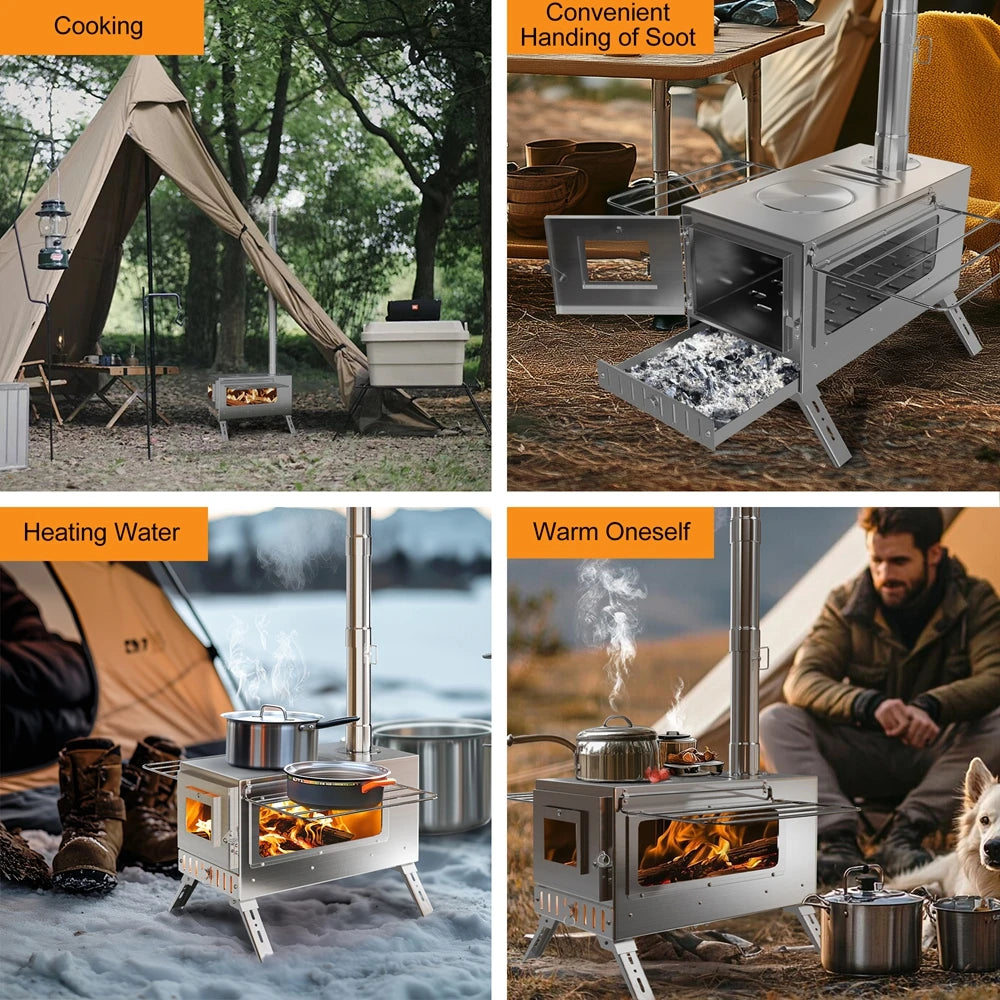 Portable Stainless Hot Tent Stove With Ceramic Glass Chimney Pipes