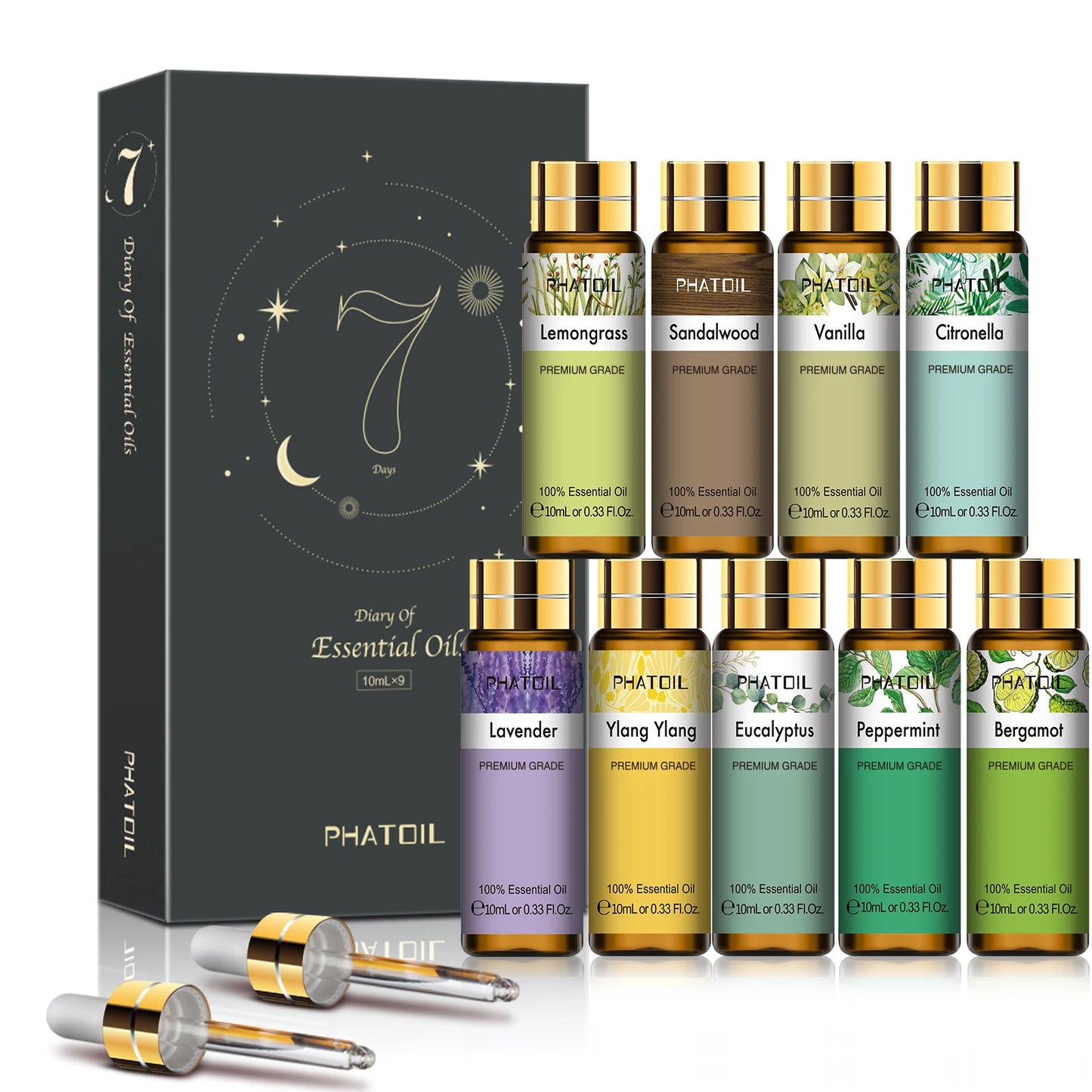 PHATOIL 9pcs Gift Set Pure Essential Oils Kit Vanilla Sandalwood