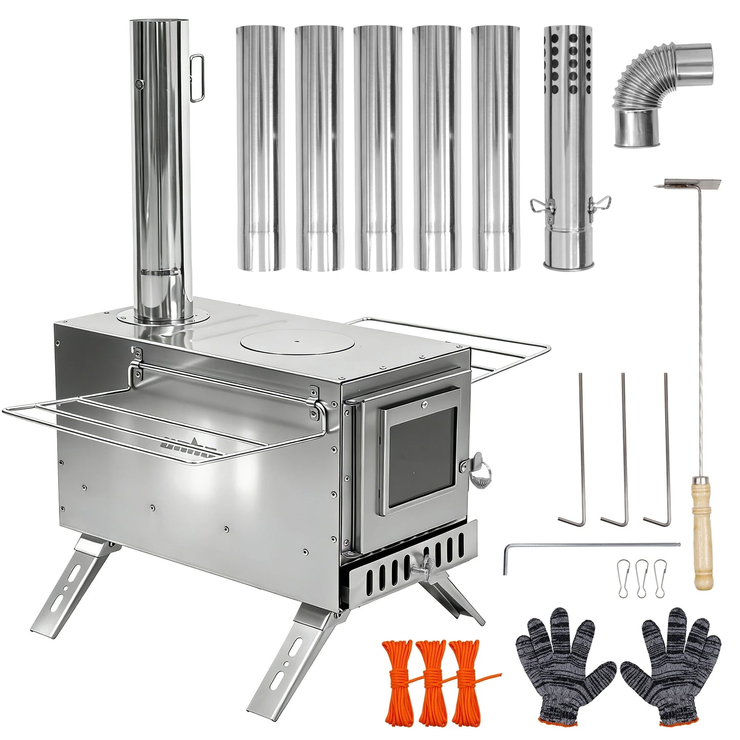 Portable Wood Burning Stove With Stainless Chimney Tubes For Camping