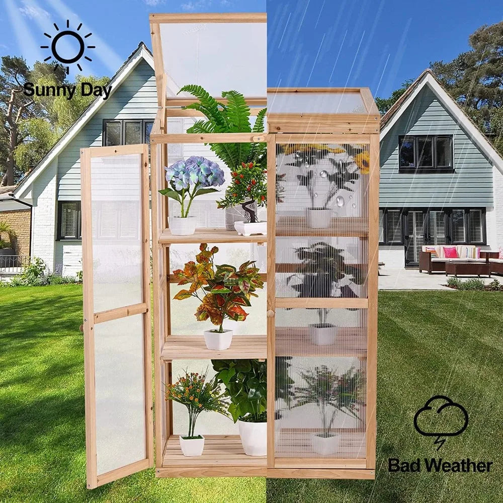 Greenhouse Wooden Cold Frame 3-Tier Garden Mini Nursery Vented Planter Wood Portable Flower Cabinet Front Top Opening