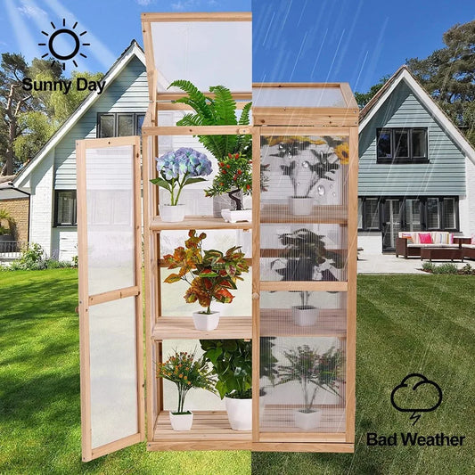 Greenhouse Wooden Cold Frame 3-Tier Garden Mini Nursery Vented Planter Wood Portable Flower Cabinet Front Top Opening
