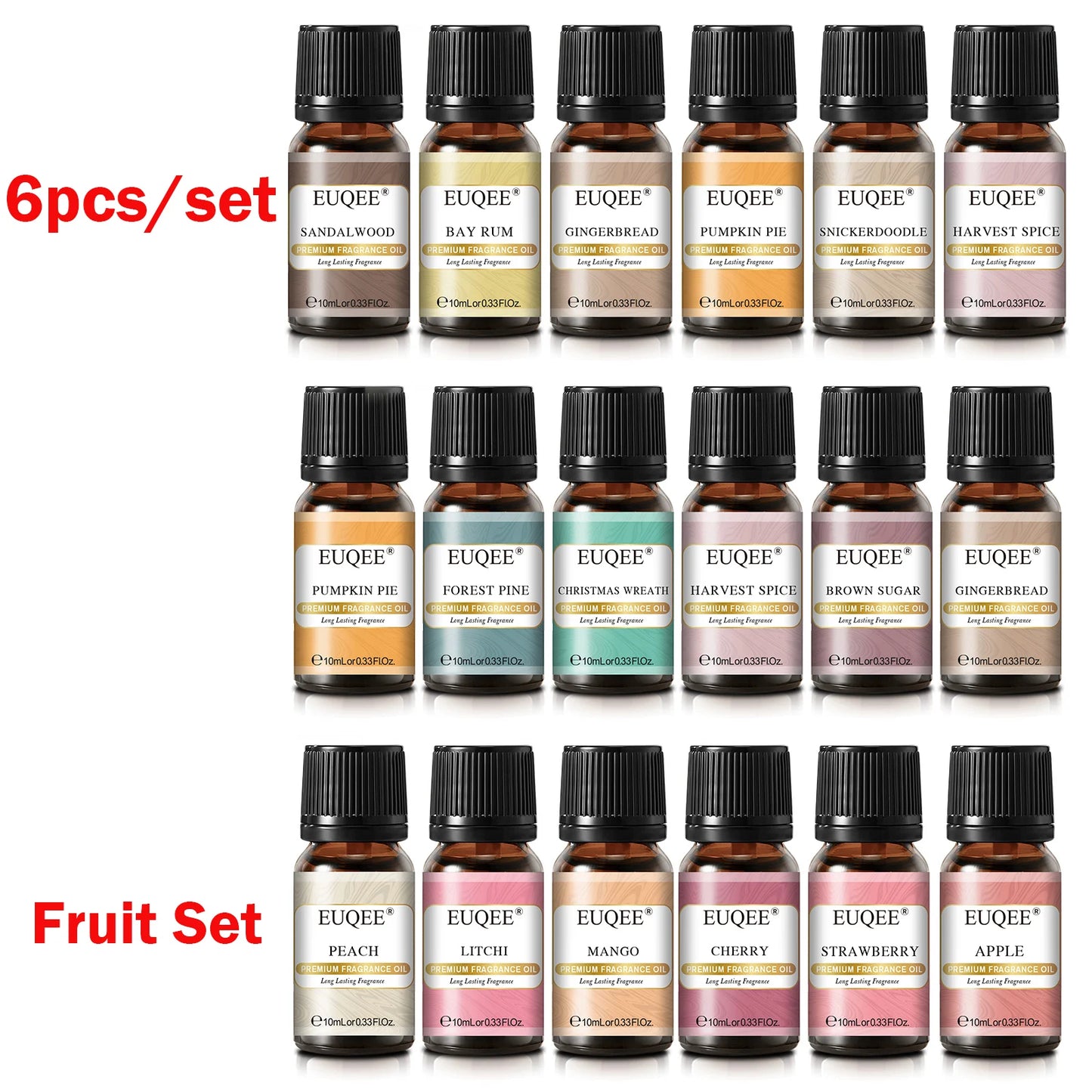 EUQEE 6PCS Aromatherapy Fragrance Oil Gift Set Coffee Fruit Series Essential Oils 10ml Strawberry Cherry Pumpkin Pie Leather