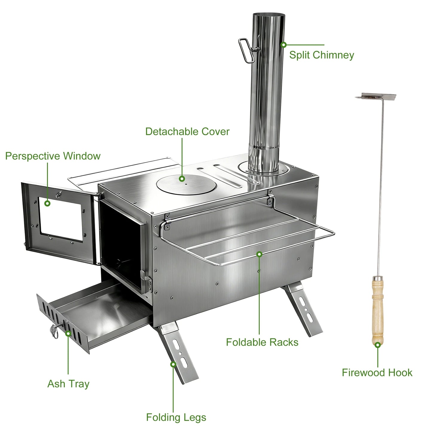 Portable Wood Burning Stove With Stainless Chimney Tubes For Camping
