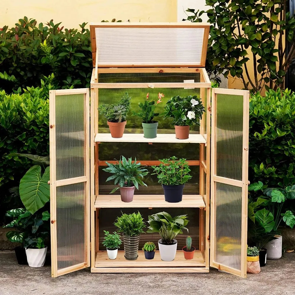 Greenhouse Wooden Cold Frame 3-Tier Garden Mini Nursery Vented Planter Wood Portable Flower Cabinet Front Top Opening