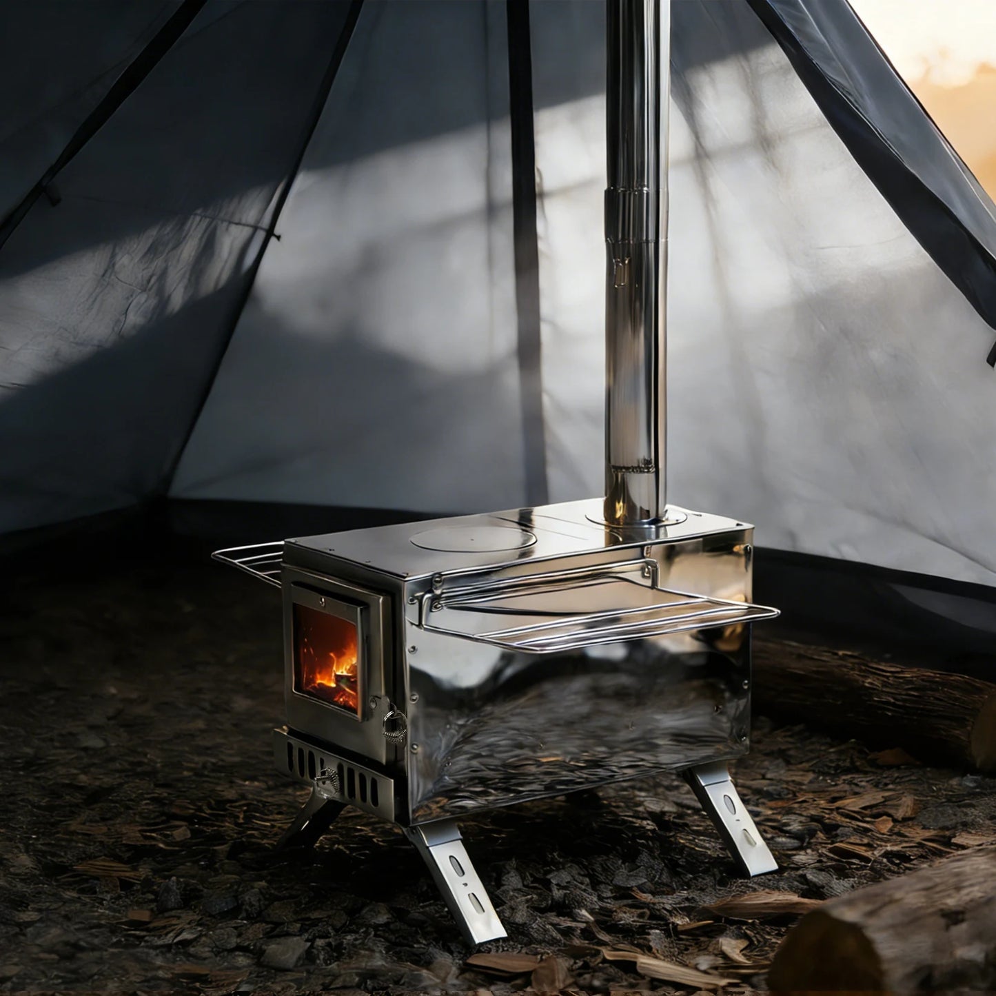 Portable Wood Burning Stove With Stainless Chimney Tubes For Camping
