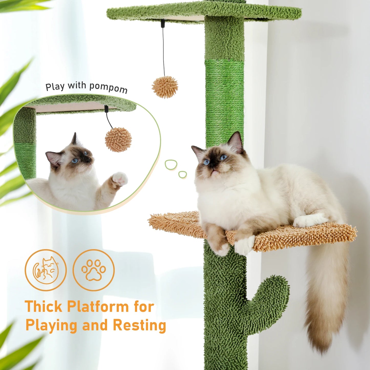 PAWZ Road 5-Tier Floor-To-Ceiling Cat Tree Cactus Tall Climbing Tower With Scratching Post Hammock For Indoor Cats