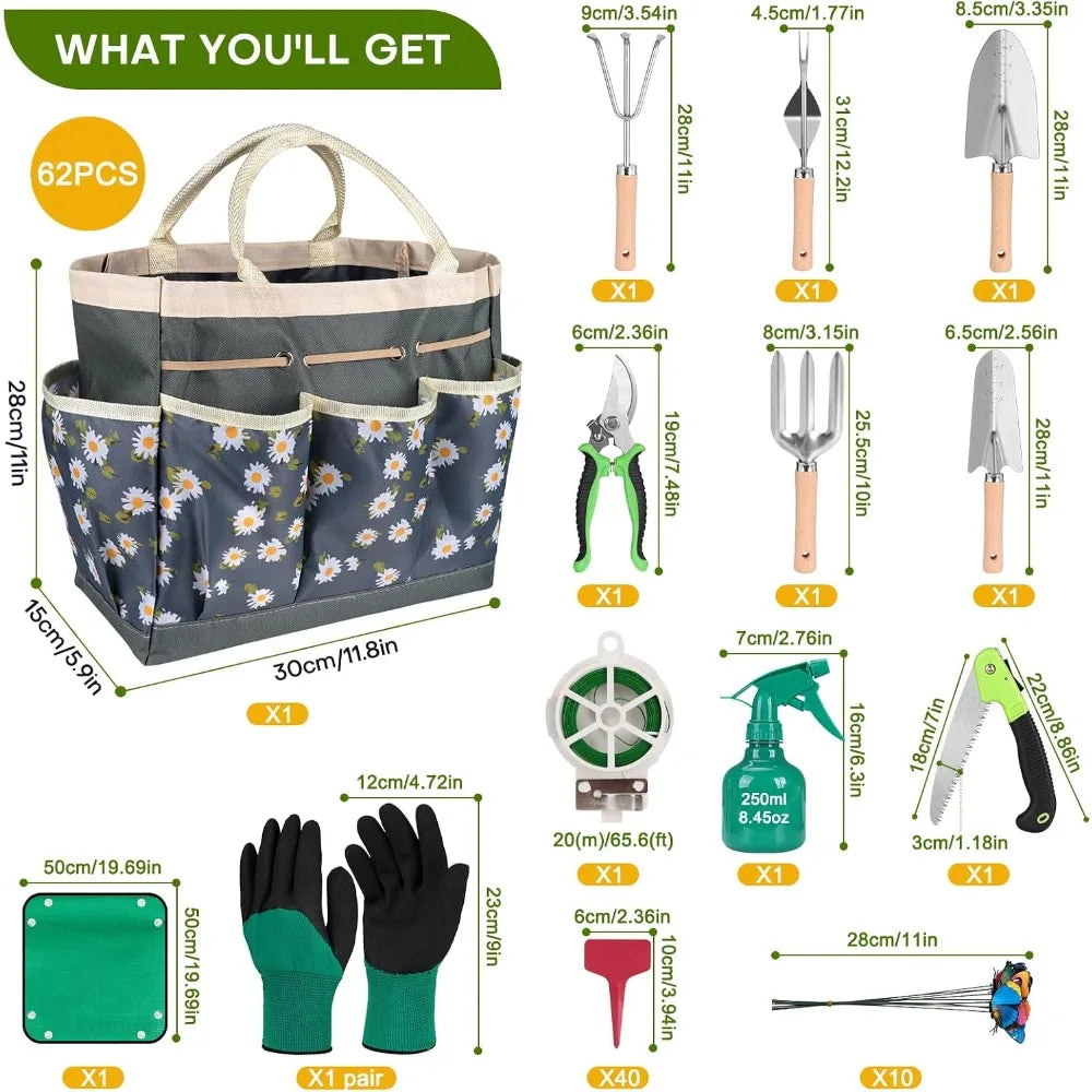 62 Piece Stainless Steel Garden Tool Set For Outdoor Planting