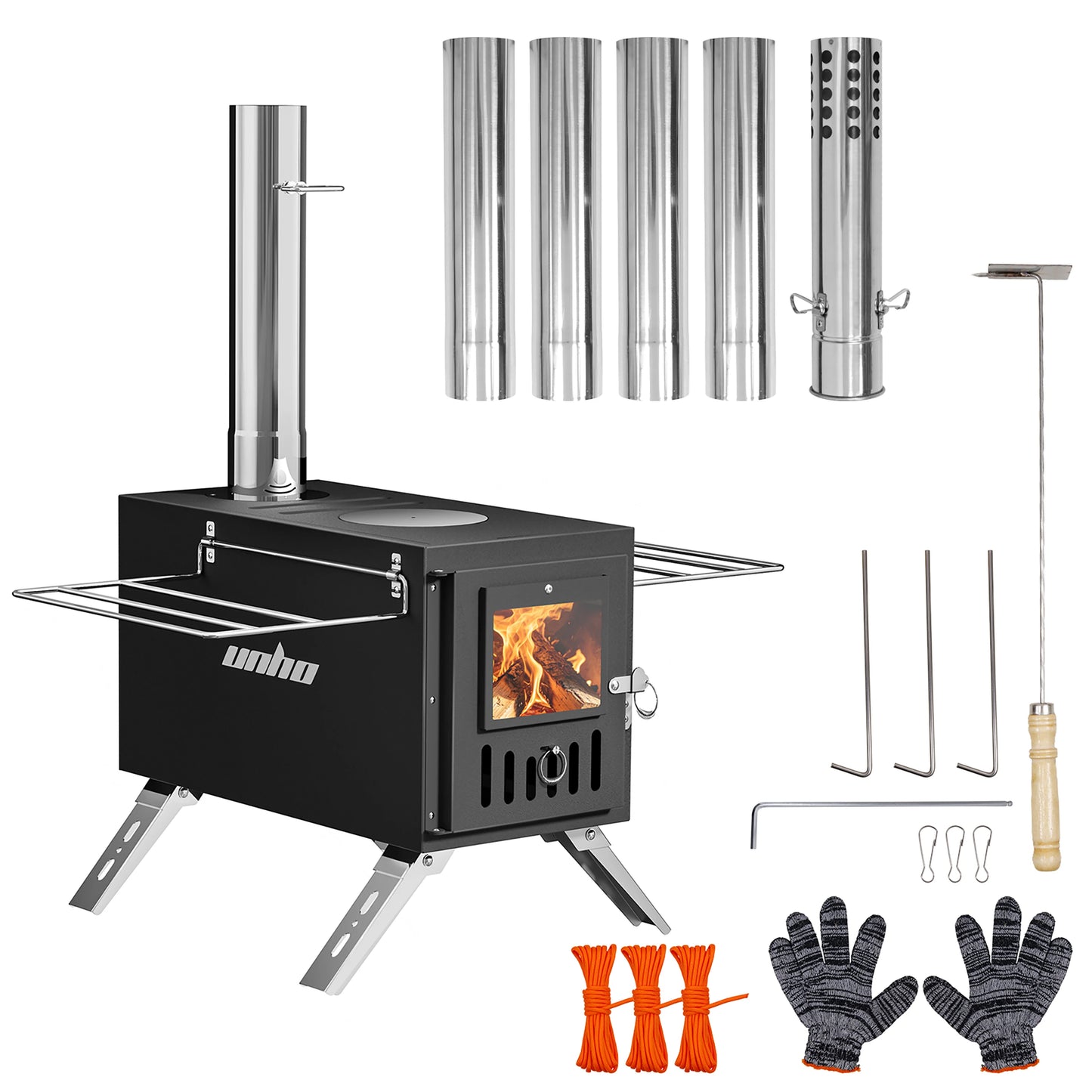 Portable Wood Burning Stove With Stainless Chimney Tubes For Camping