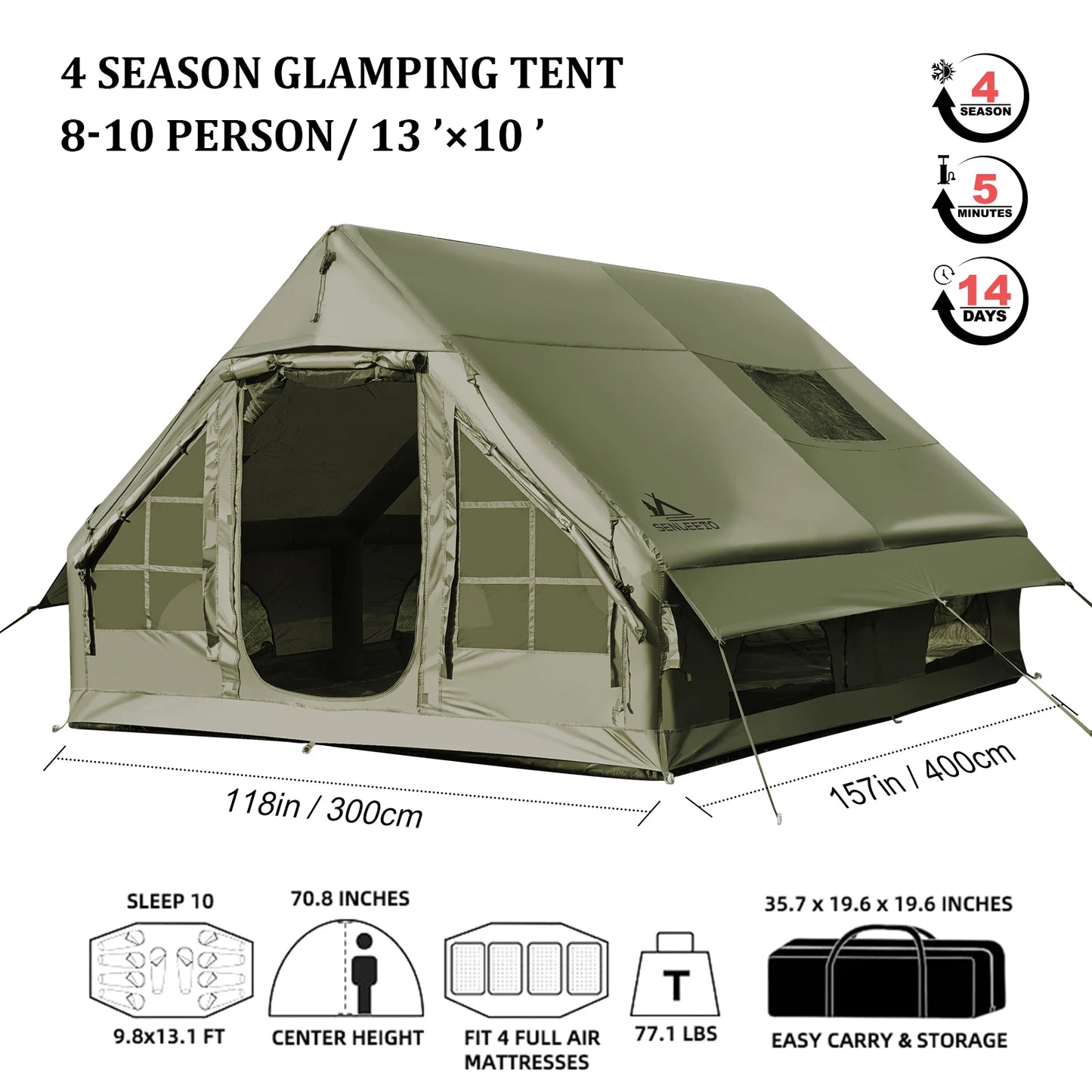 SENLEETO Waterproof Inflatable 4 Season Camping Tent For Glamping