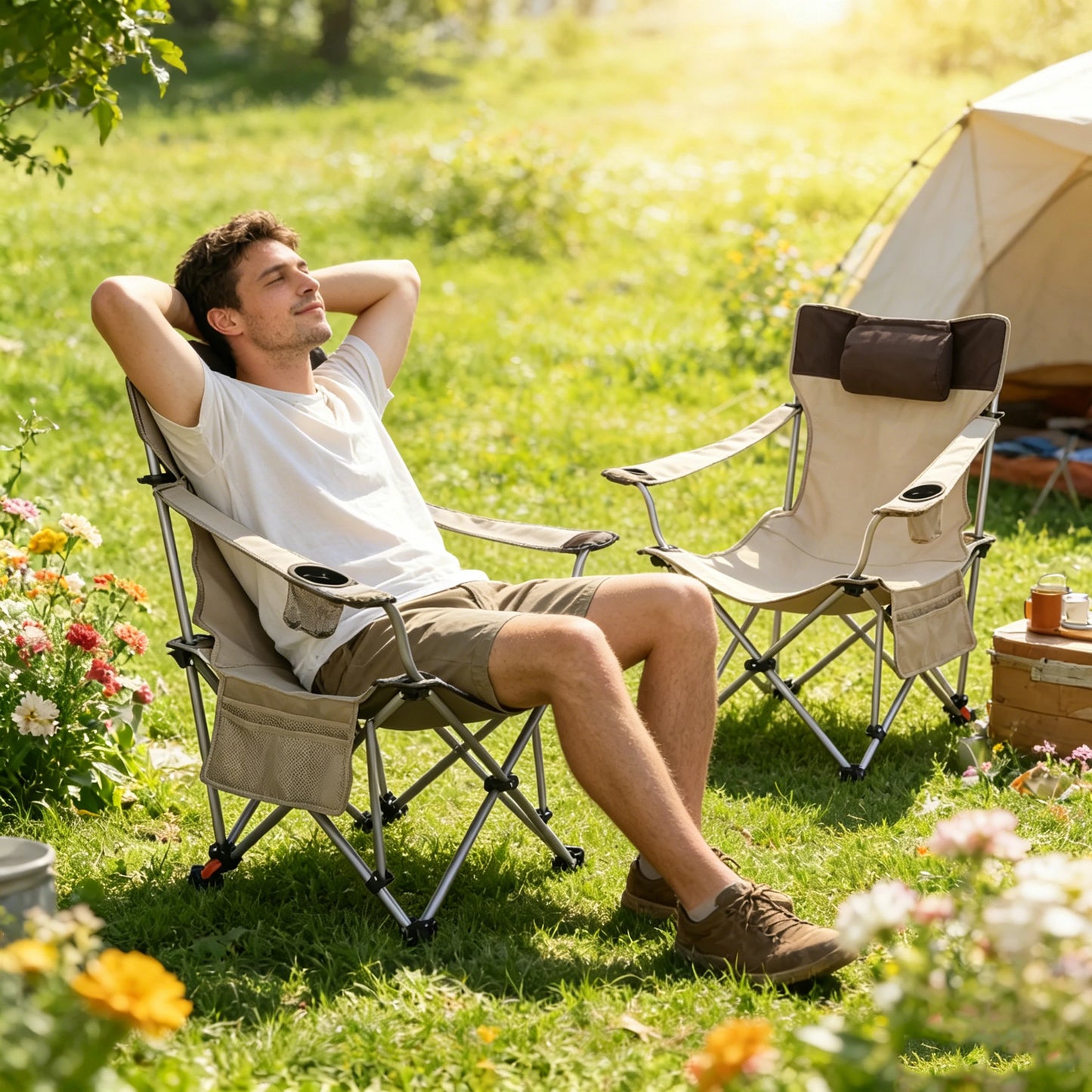 Adjustable Reclining Camping Chair With Handrails And Side Pockets