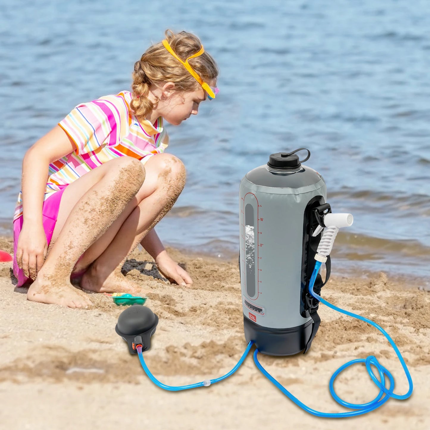 12L Camping Shower Solar Shower Garden Shower with Pump, Removable Hose Shower Bag for Hiking, Outdoor, Climbing, 3 Gallons