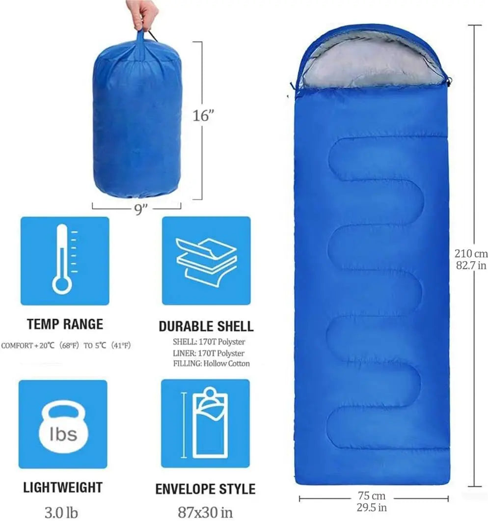 Sleeping Bag Cotton Fill All Season 5to20C Adults Outdoor Camping 210x75cm Envelope Cap Design