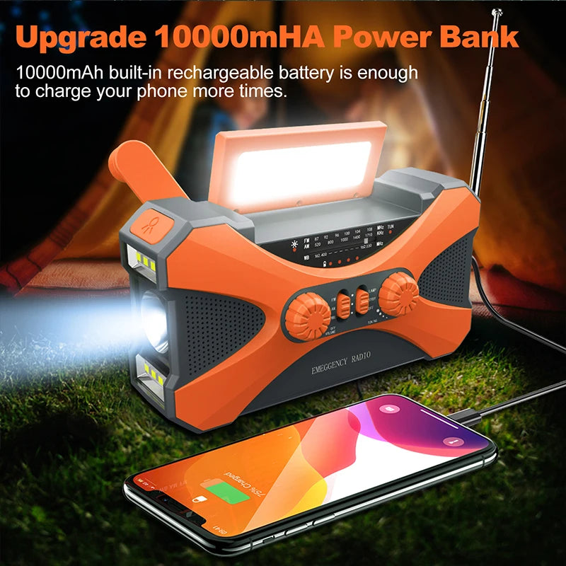 Portable 10000mAh charger High Capacity Emergency Radio Solar Hand Crank LED Flashlight/Reading Light/SOS Alarm Survival Tool