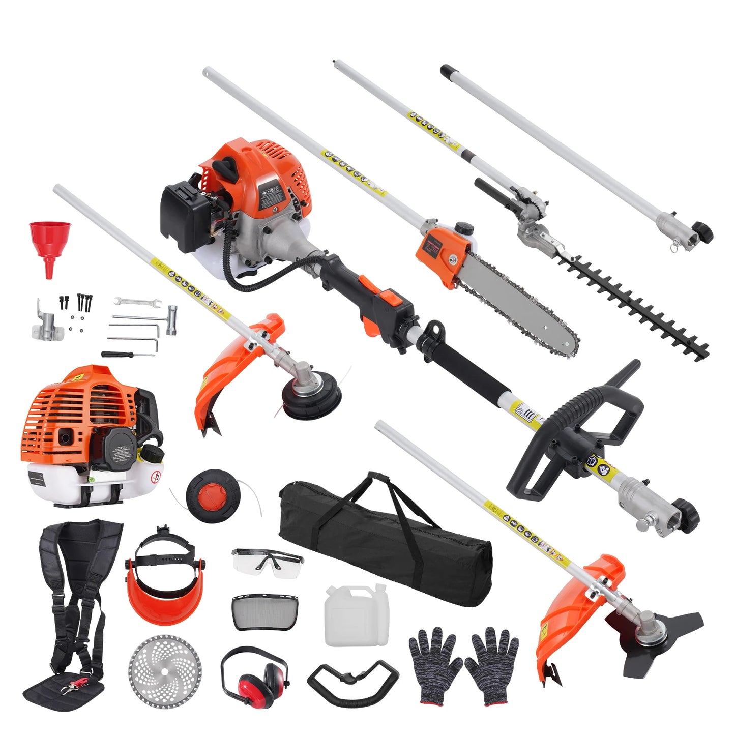 SucceBuy 6 In 1 Gas Hedge Trimmer String Trimmer Brush Cutter Pole Saw Chainsaw