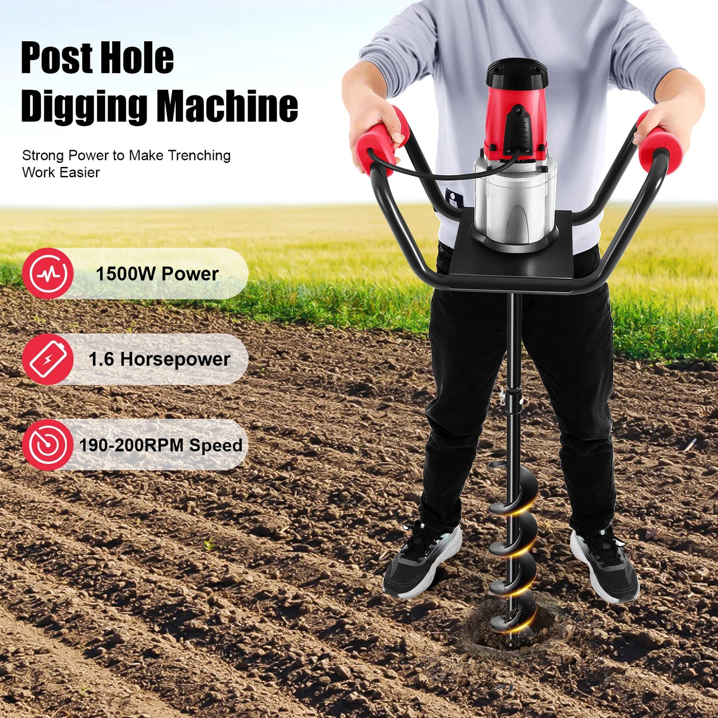 CNCEST 1500W Electric Post Hole Digger Auger for Garden