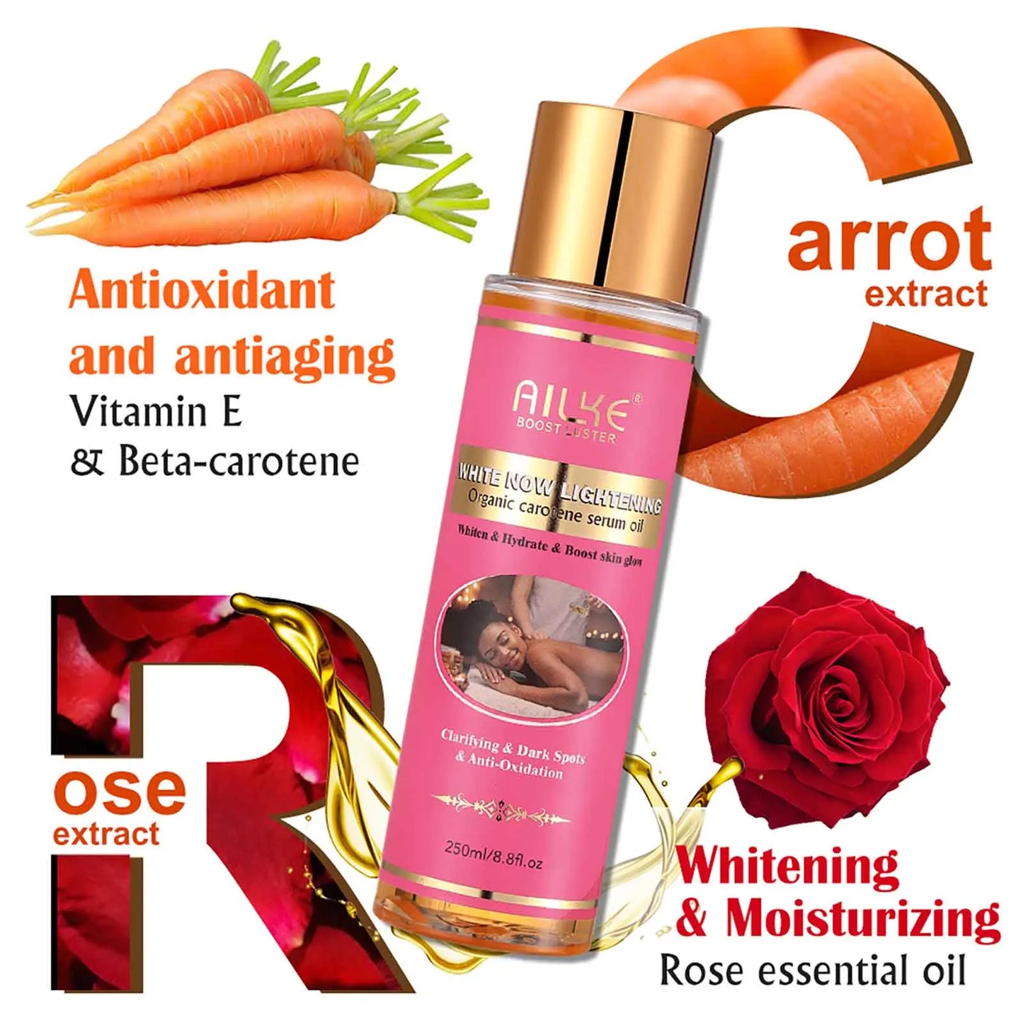 AILKE Organic Carotene Serum Body Oil Brightening And Moisturizing For Women With Vitamin E Rose Oil 250ml