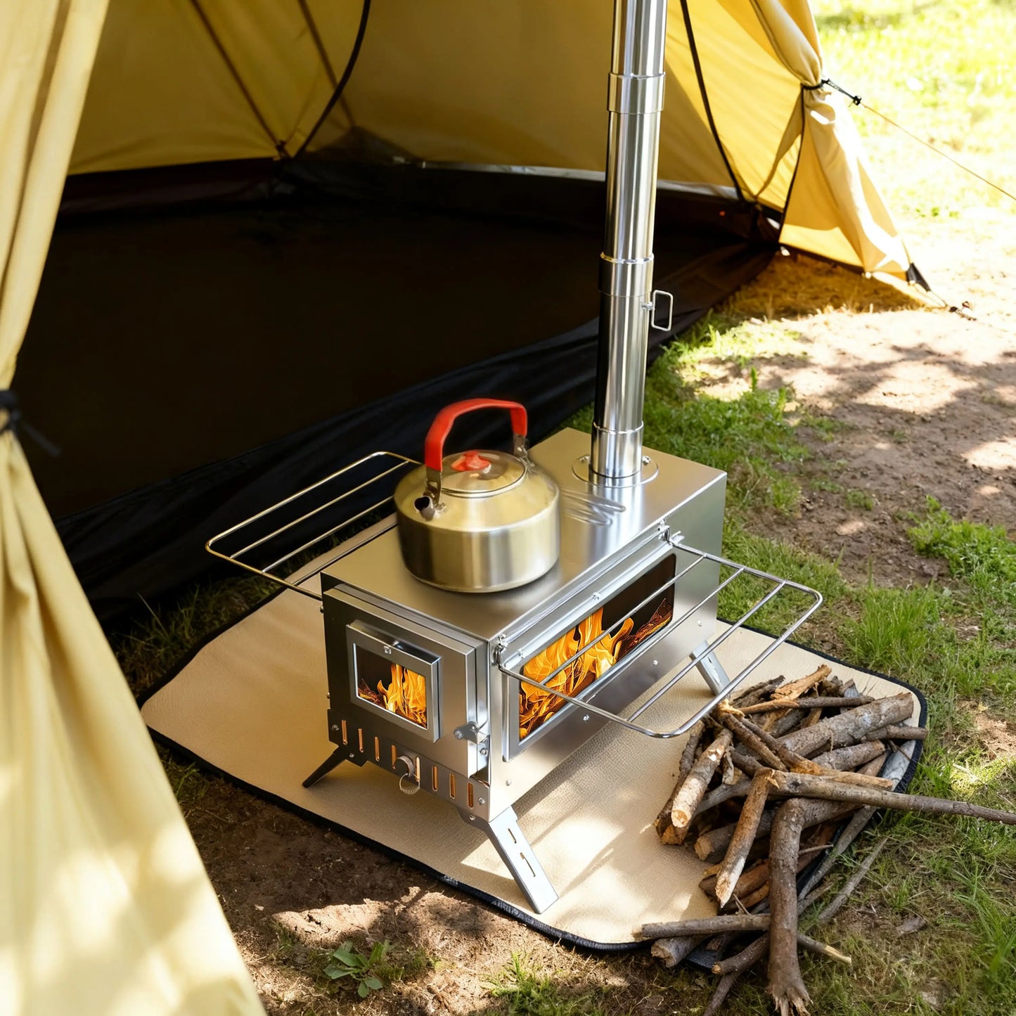 Portable Stainless Hot Tent Stove With Ceramic Glass Chimney Pipes
