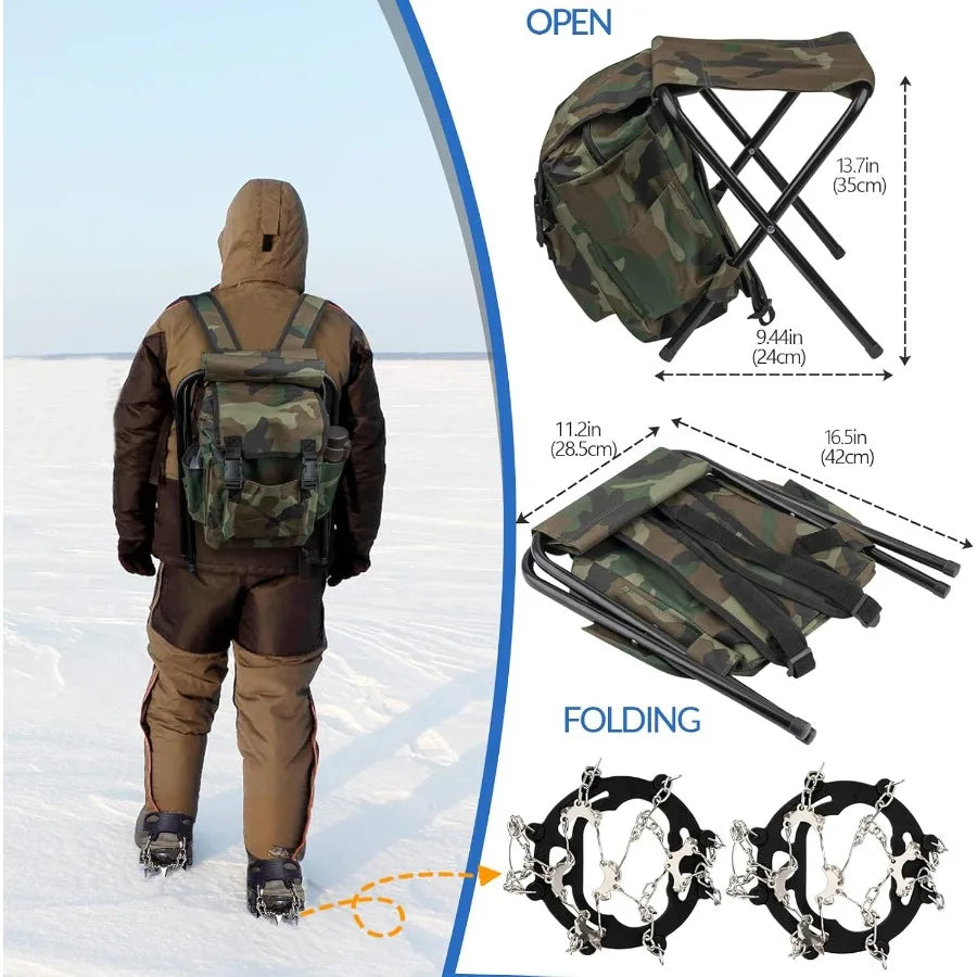 Ice Fishing Kit With Reel And Backpack Seat Ice Cleats Jigs Line