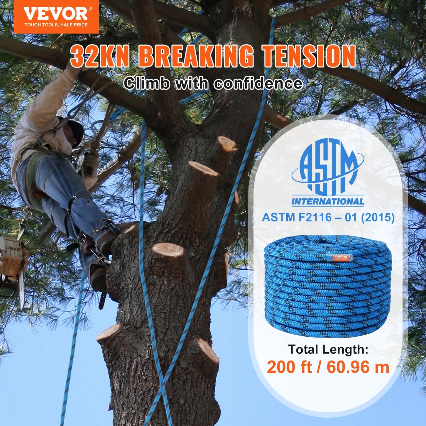 VEVOR Static Climbing Rope 30 kN Breaking Strength