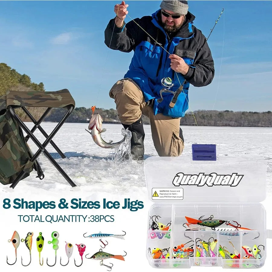 Ice Fishing Kit With Reel And Backpack Seat Ice Cleats Jigs Line
