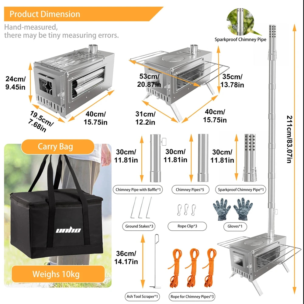 Portable Stainless Hot Tent Stove With Ceramic Glass Chimney Pipes