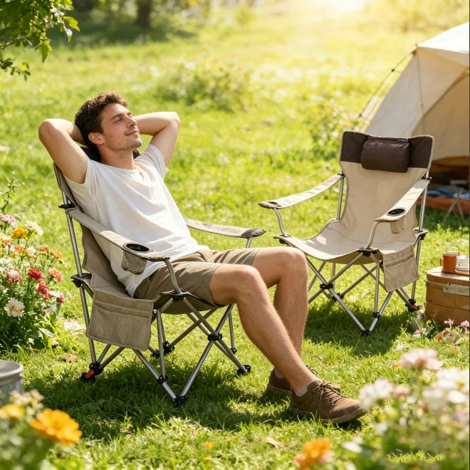 Adjustable Reclining Camping Chair With Handrails And Side Pockets