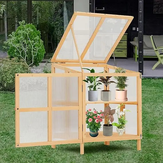 Wooden Greenhouse Cabinet With Transparent Polycarbonate Panel And Double Doors
