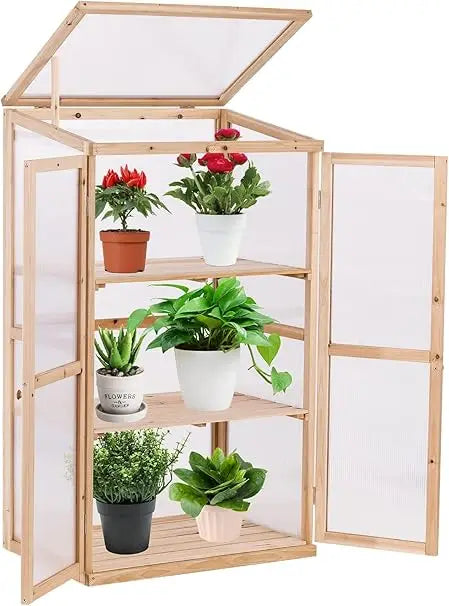 Greenhouse Wooden Cold Frame 3-Tier Garden Mini Nursery Vented Planter Wood Portable Flower Cabinet Front Top Opening