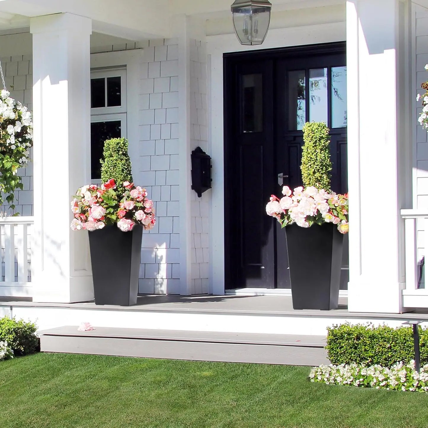 HobbyLane Tall Planter 22.4 Inch Two Pack Indoor Outdoor Black With Shelf Insert For Home Gardeners