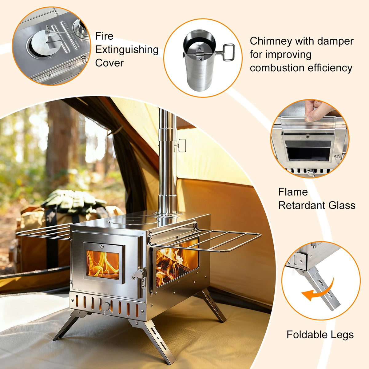 Portable Stainless Hot Tent Stove With Ceramic Glass Chimney Pipes