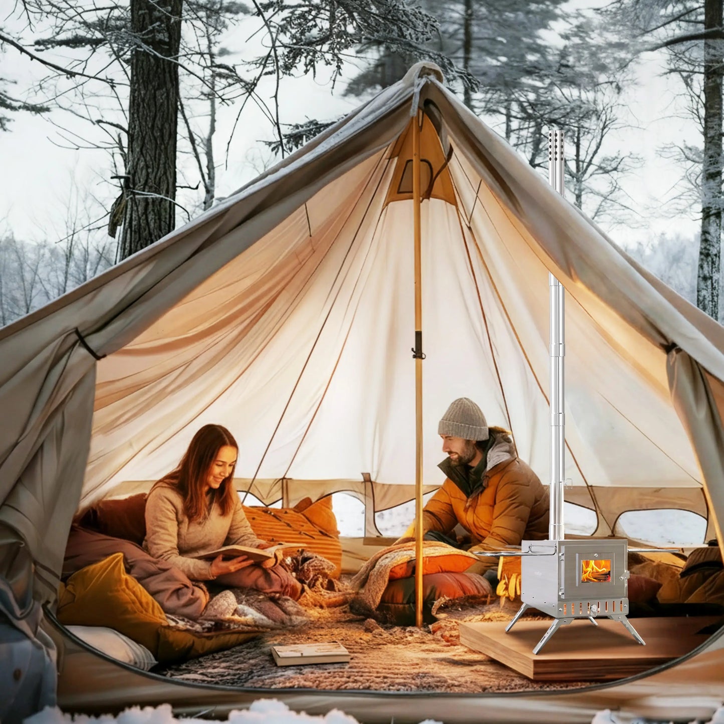 Portable Stainless Hot Tent Stove With Ceramic Glass Chimney Pipes