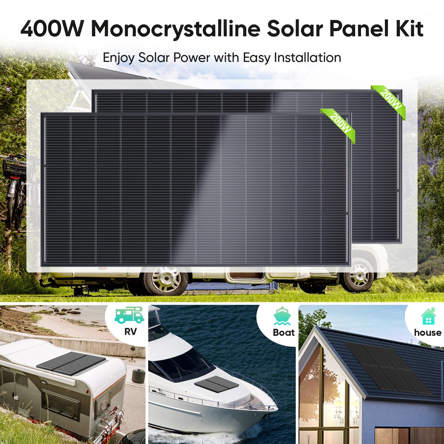 WERCHTAY 12V 200W/400W Monocrystalline Solar Panel Module Off Grid PV Power For Vehicles, RV Camper Camping Boat Shed Farm