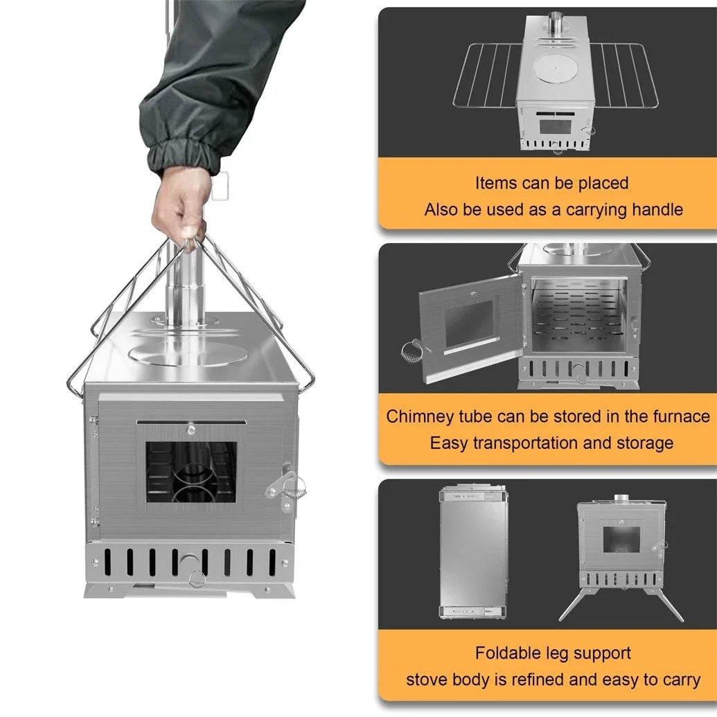 Portable Wood Burning Stove With 6 Stainless Chimney Pipes