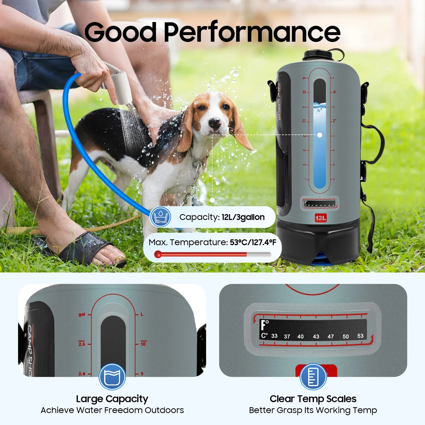 12L Camping Shower Solar Shower Garden Shower with Pump, Removable Hose Shower Bag for Hiking, Outdoor, Climbing, 3 Gallons