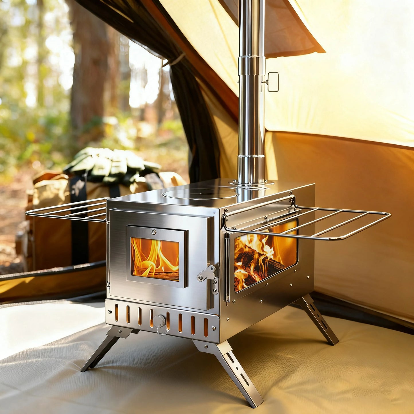 Portable Stainless Hot Tent Stove With Ceramic Glass Chimney Pipes