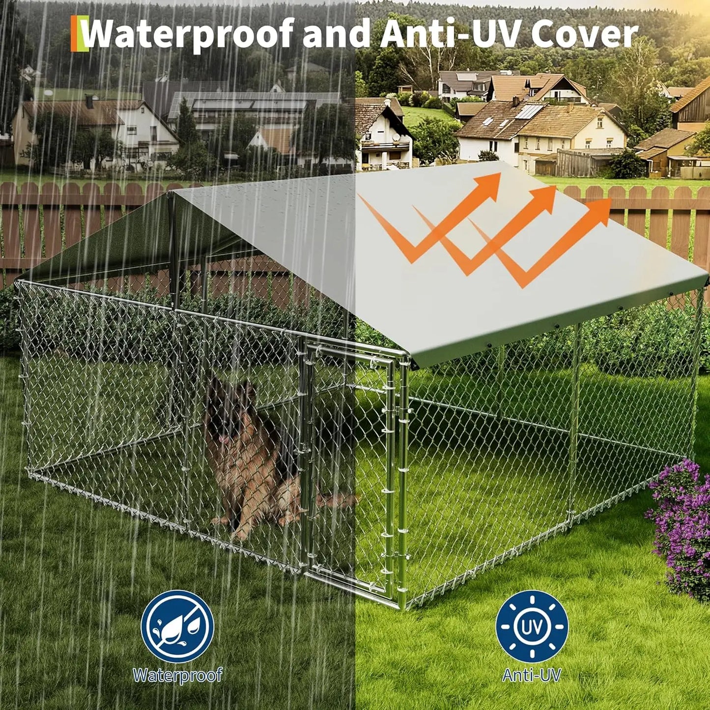 10x10x6ft Heavy Duty Outdoor Dog Kennel With Waterproof UV Cover Galvanized Chain Link Enclosure For Backyard Farm & Pet Run