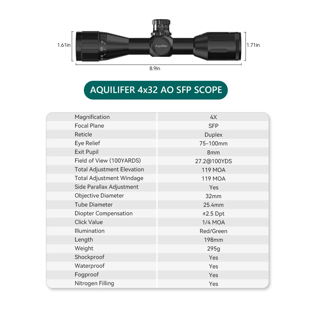 AQUILIFER 4X32 Rifle Scope For 22LR AO SFP Zero Stop