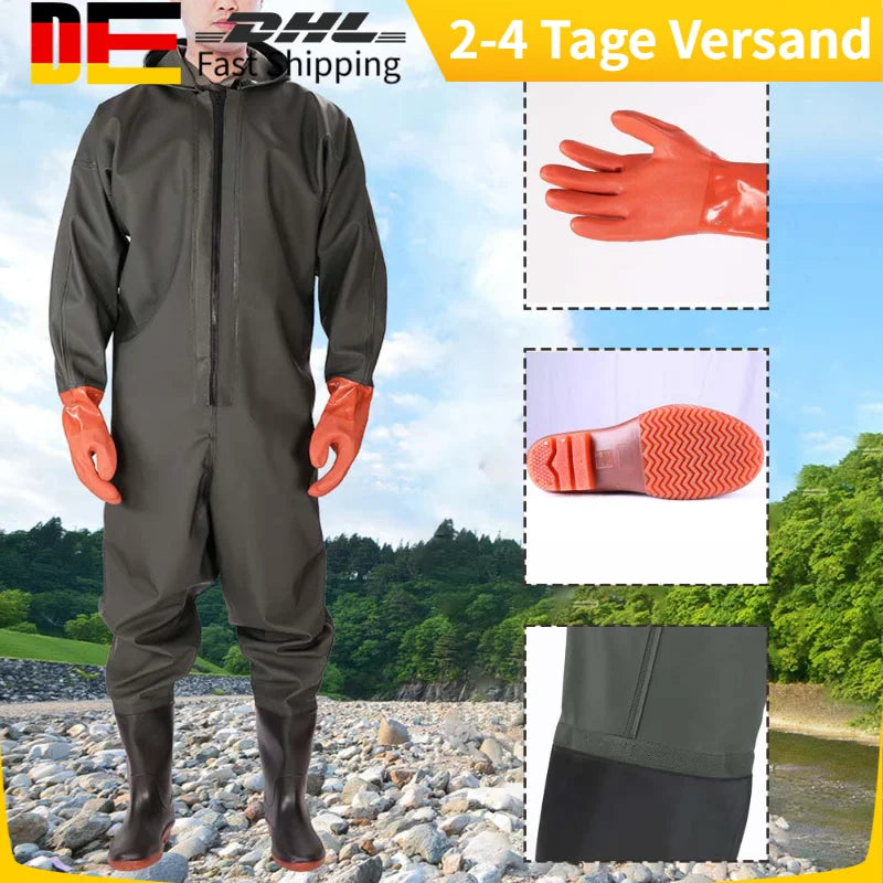 Men Hooded Waterproof Wader Overalls Set With Boots And Gloves For Fishing Hunting Outdoors