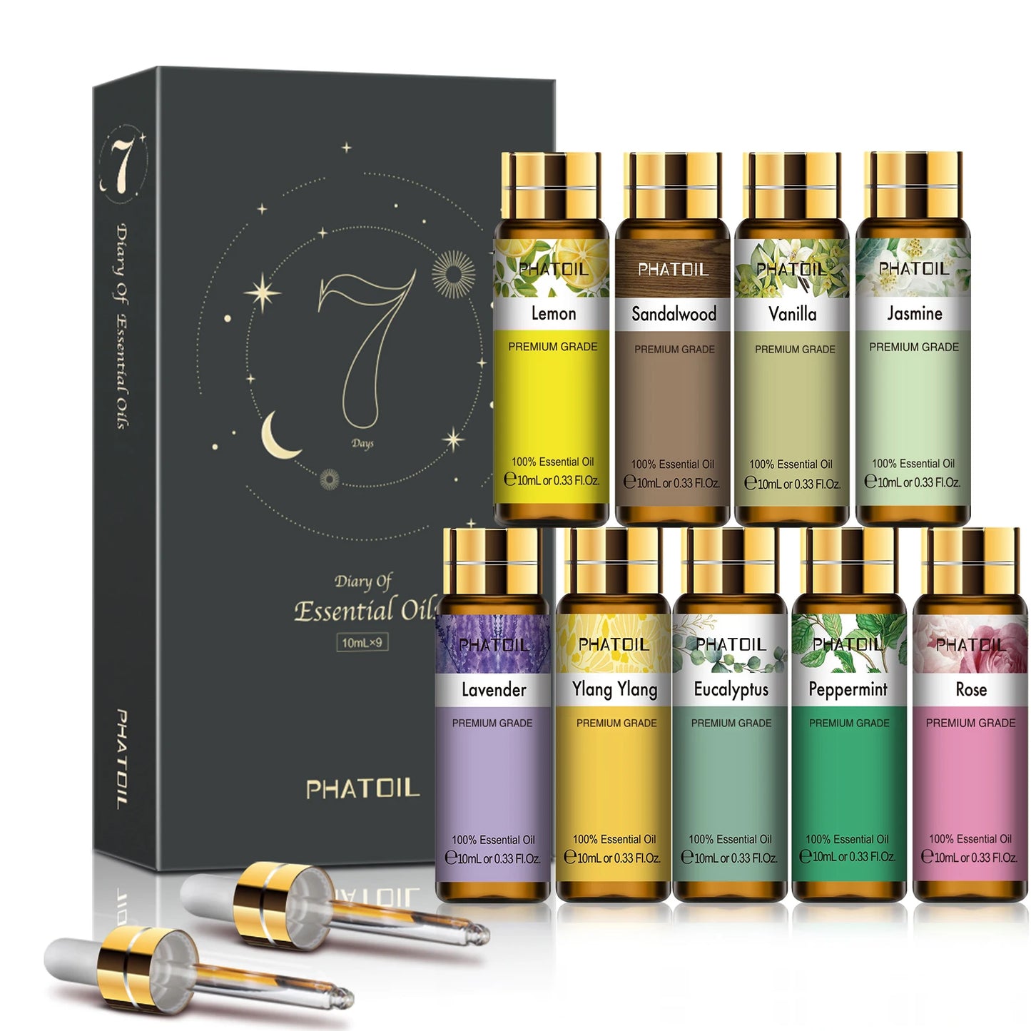 PHATOIL 9pcs Gift Set Pure Essential Oils Kit Vanilla Sandalwood