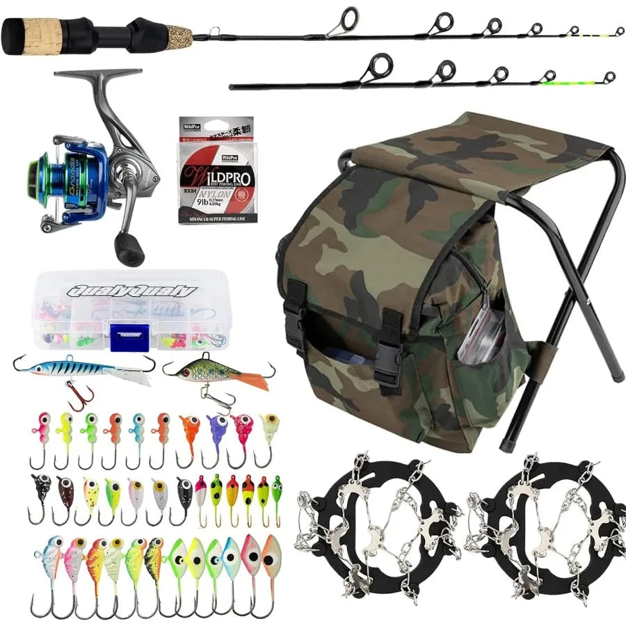 Ice Fishing Kit With Reel And Backpack Seat Ice Cleats Jigs Line